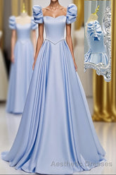 Blue Satin Backless Long Evening Prom Dresses, Blue Evening Prom Dresses